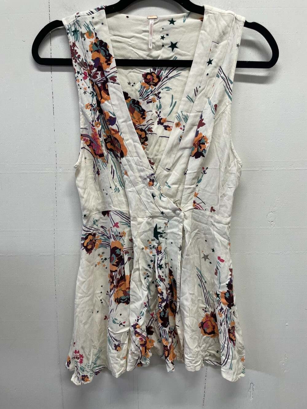 Free People Women's Sleeveless Top Small Ivory Floral Pattern - Deep V Neck